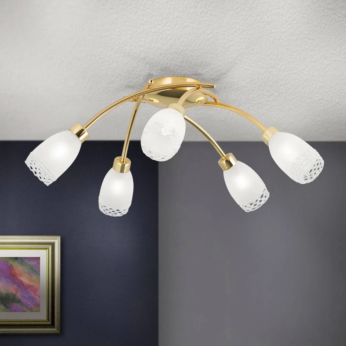 Plafondlamp CARLA, messingkleurig, Ø 60 cm Metaal/glas 5-lamps. fra Orion i Glanzend messing – produktbillede