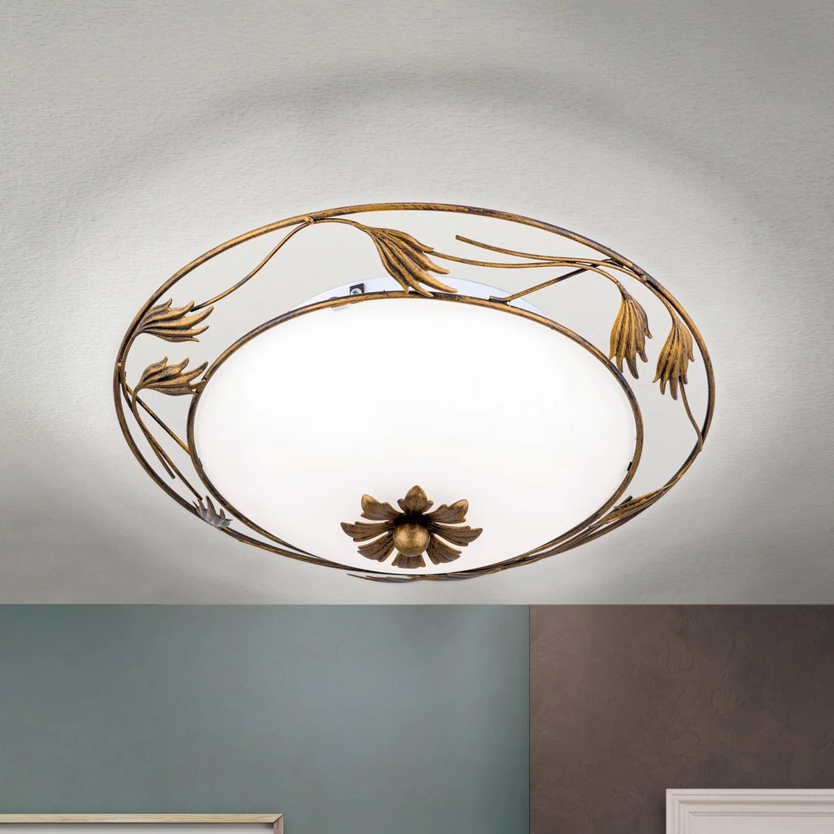 Plafondlamp Fleur, antiek goud, Ø 40 cm de Orion en Antiek goud, Opaalwit – photo produit