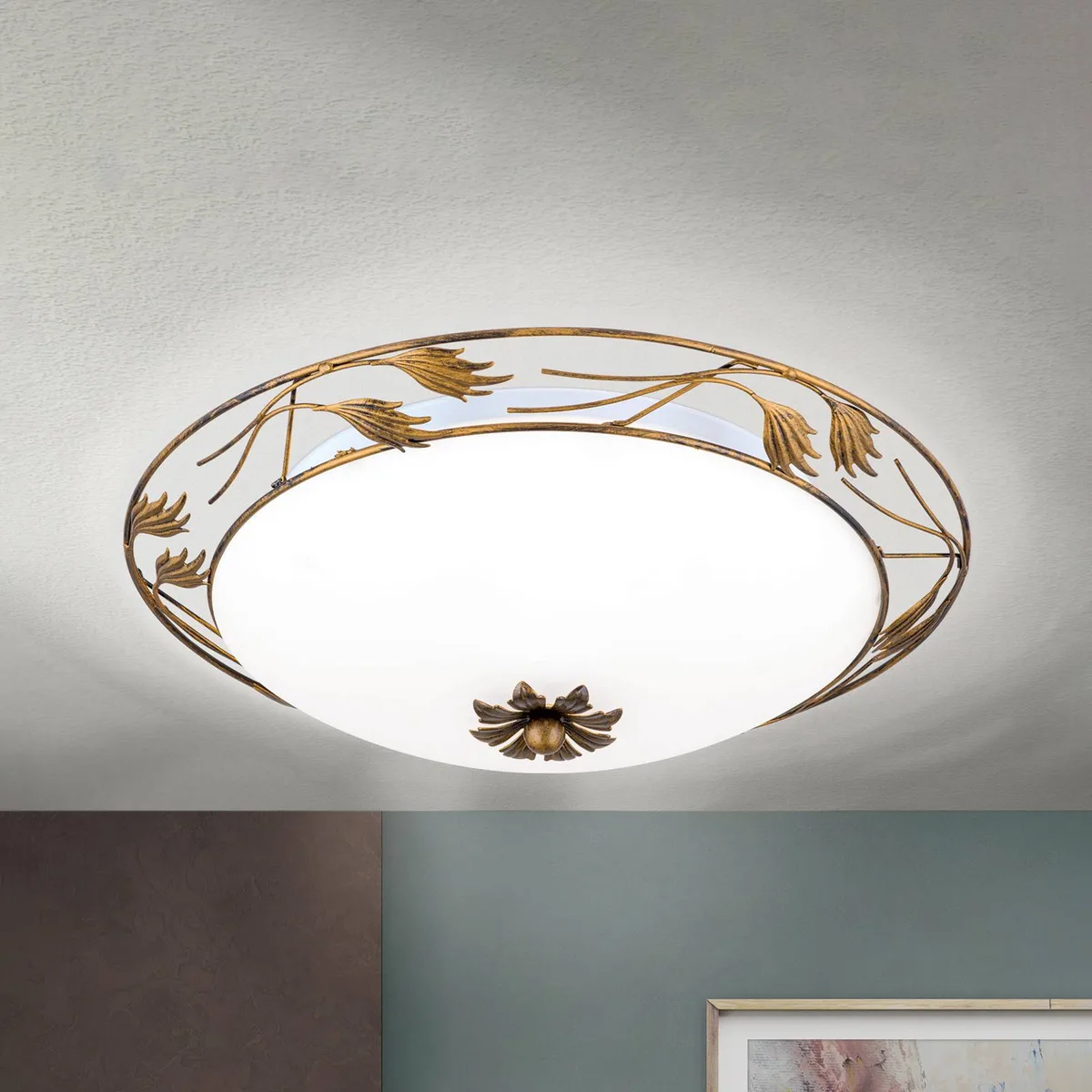 Plafondlamp Fleur, antiek goud, Ø 50 cm de Orion en Antiek goud, Opaalwit – photo produit