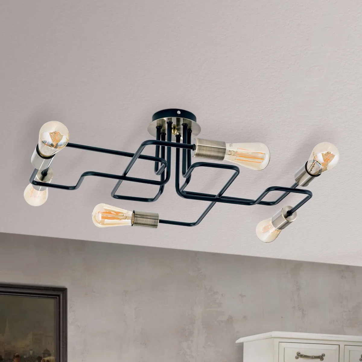 Plafondlamp Jailhouse, 6-lamps van Orion in Zwart, Oud-messing – productfoto