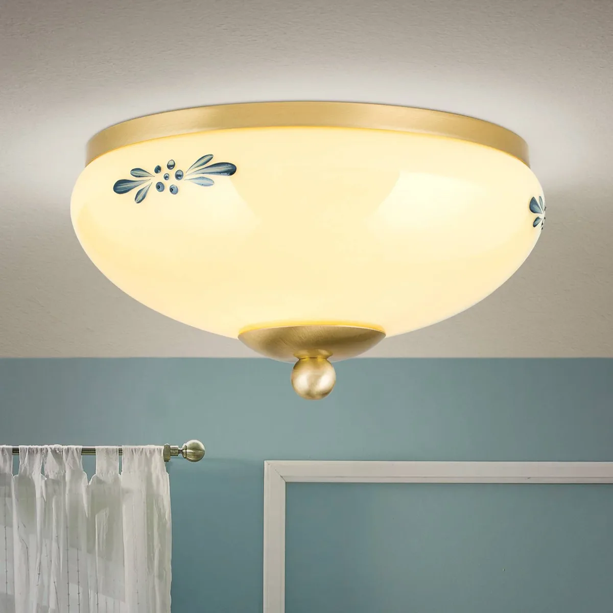 Plafondlamp Landhaus messing crème blauw Ø21cm de Orion en Laiton, Crème, Bleu – photo produit