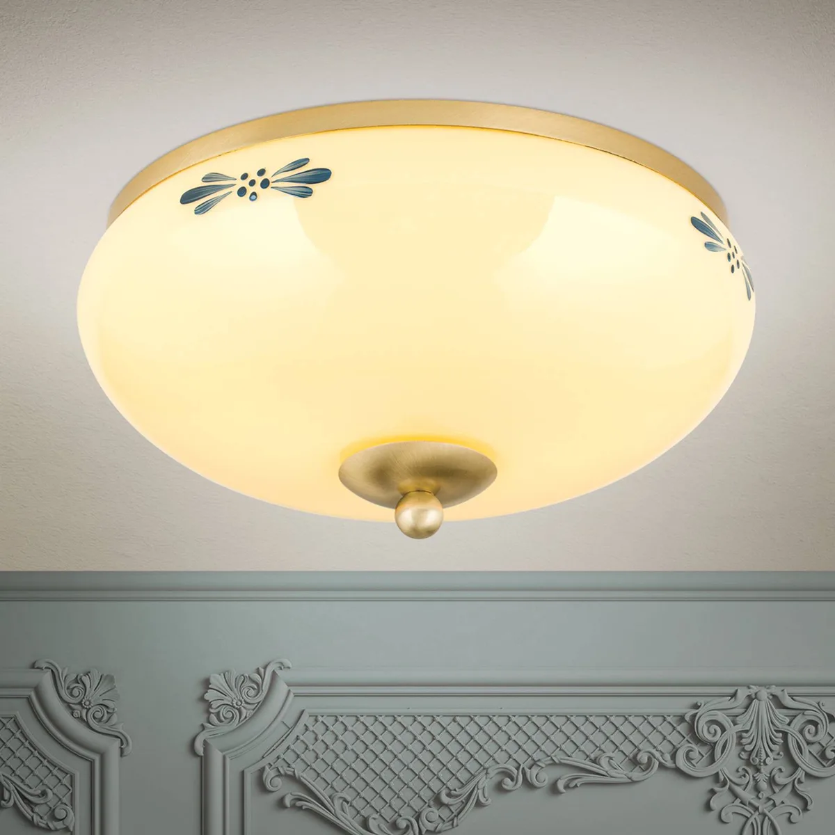 Plafondlamp Landhaus messing crème blauw Ø28cm de Orion en Laiton, Crème, Bleu – photo produit