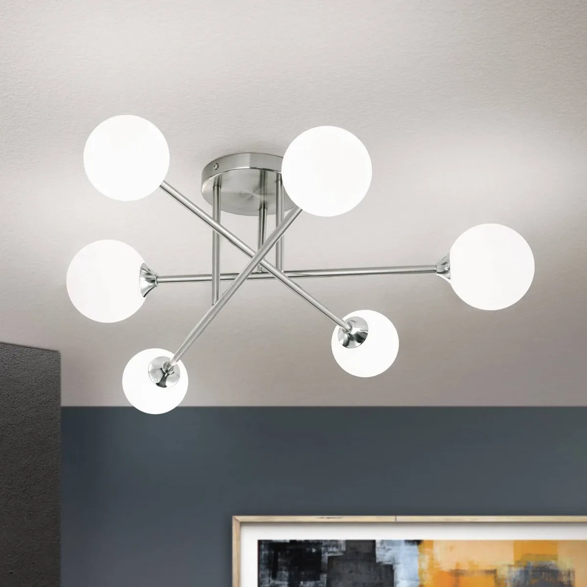 Plafondlamp Snowwhite met frame, 6-lamps nikkel von Orion in Mat nikkel, Weiß – Produktfoto