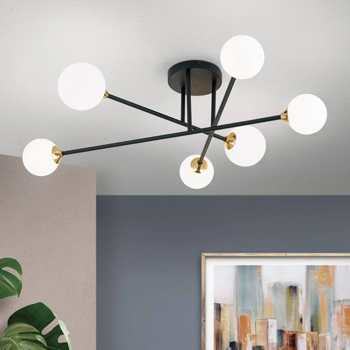 Plafondlamp Snowwhite met frame, 6-lamps, zwart de Orion en Noir, Blanc – photo produit