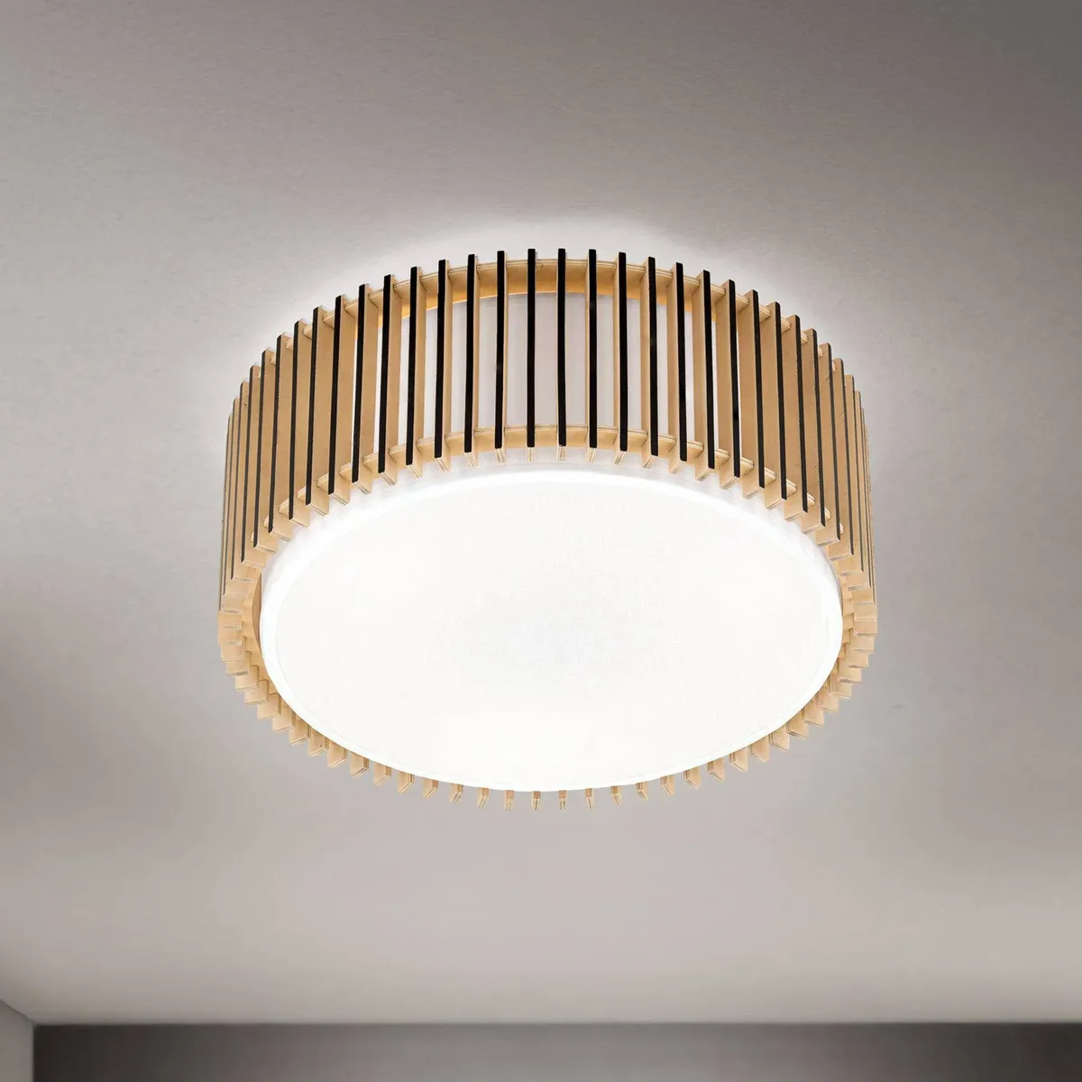 Plafondlamp Tarta, Ø 40 cm, hout, textieldiffusor, 3 x E27 de Orion en Licht hout – photo produit