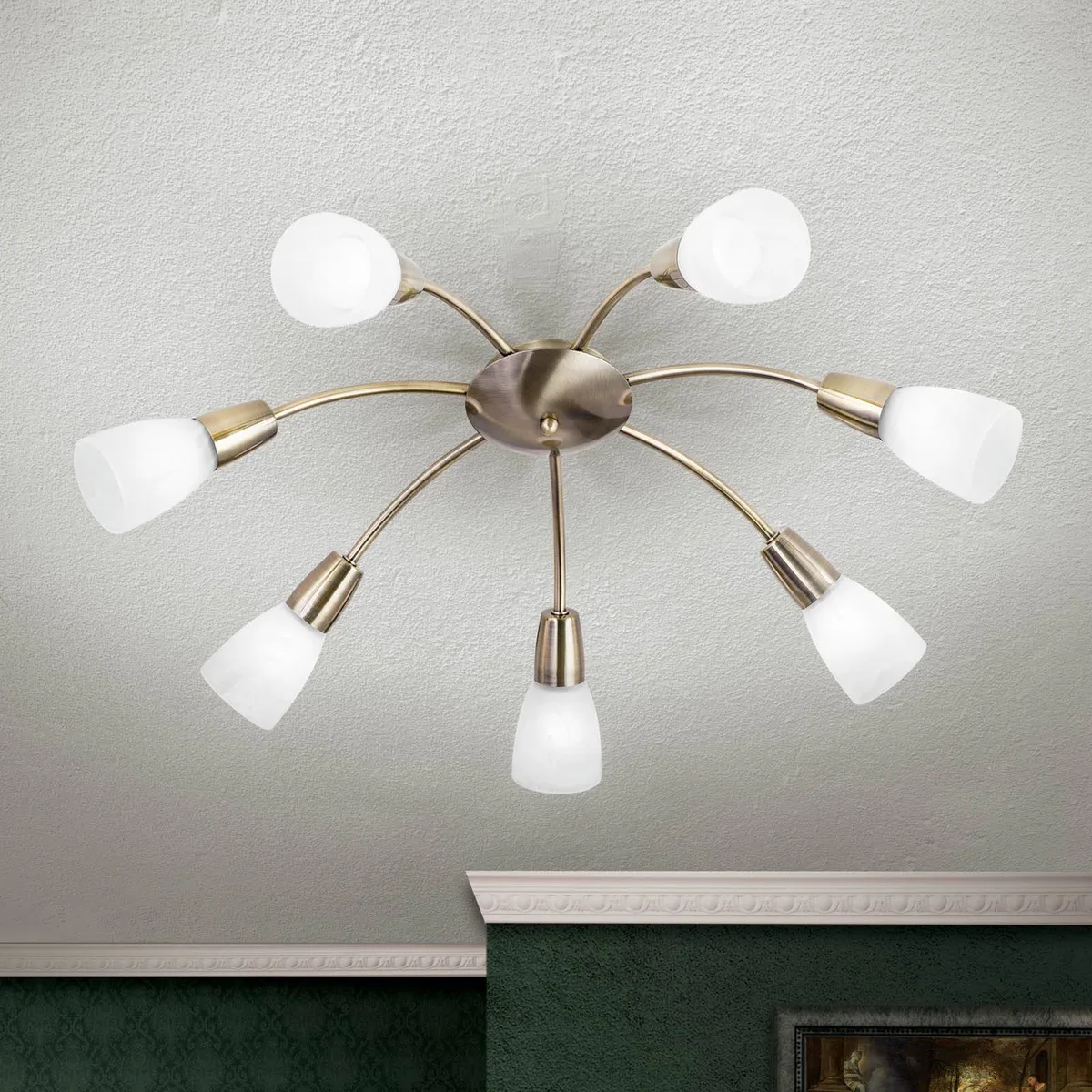 Plafondlamp Tullo, 7-lamps, messing antiek von Orion in Oudmessing, Weiß – Produktfoto