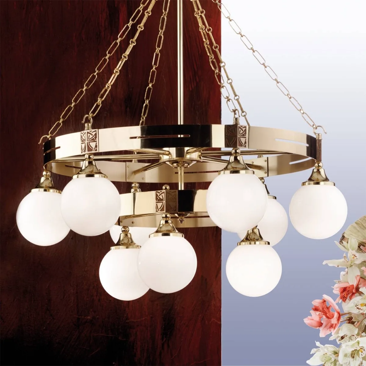 Prachtige luchter ELEGANZIA in Jugendstil-look de Orion en Glanzend messing, Blanc – photo produit