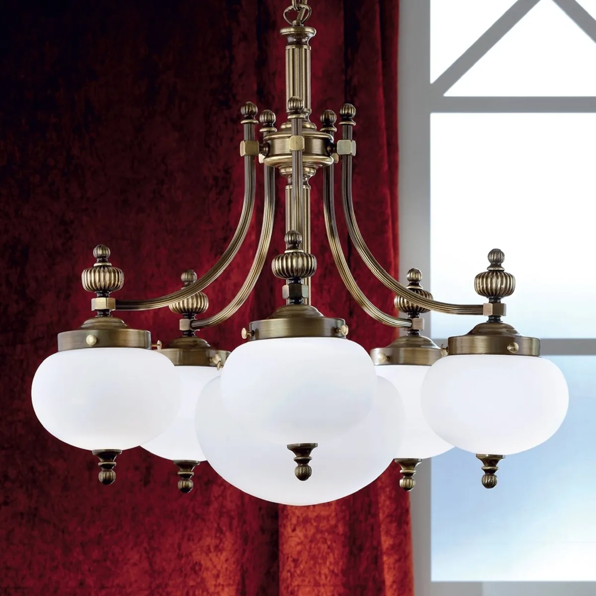Stijlvolle 6-lichts hanglamp DELIA, oud messing de Orion en Oudmessing, Opaalwit – photo produit