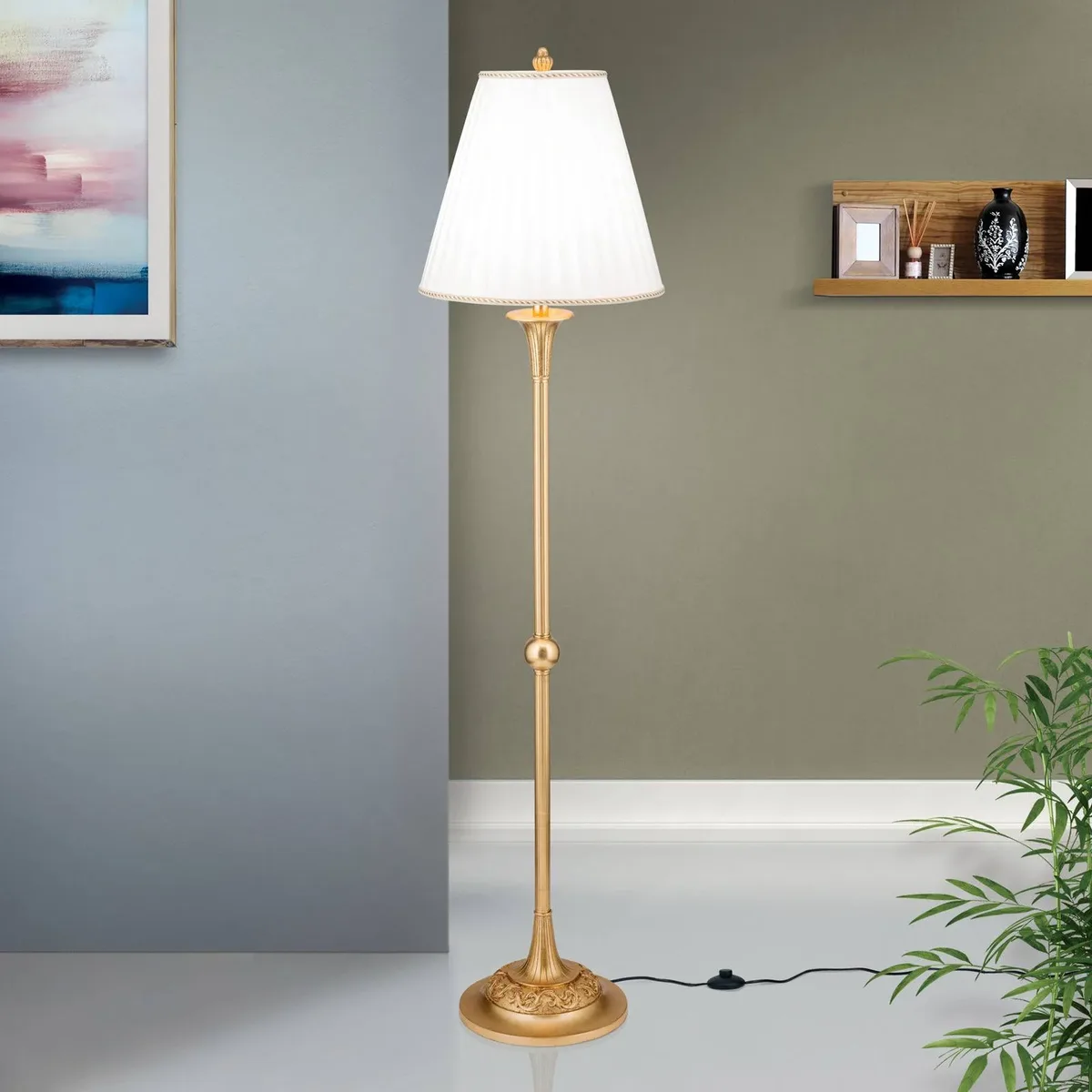 Stijlvolle vloerlamp DONATA met plissé kap de Orion en Antiek-goud, Crème – photo produit