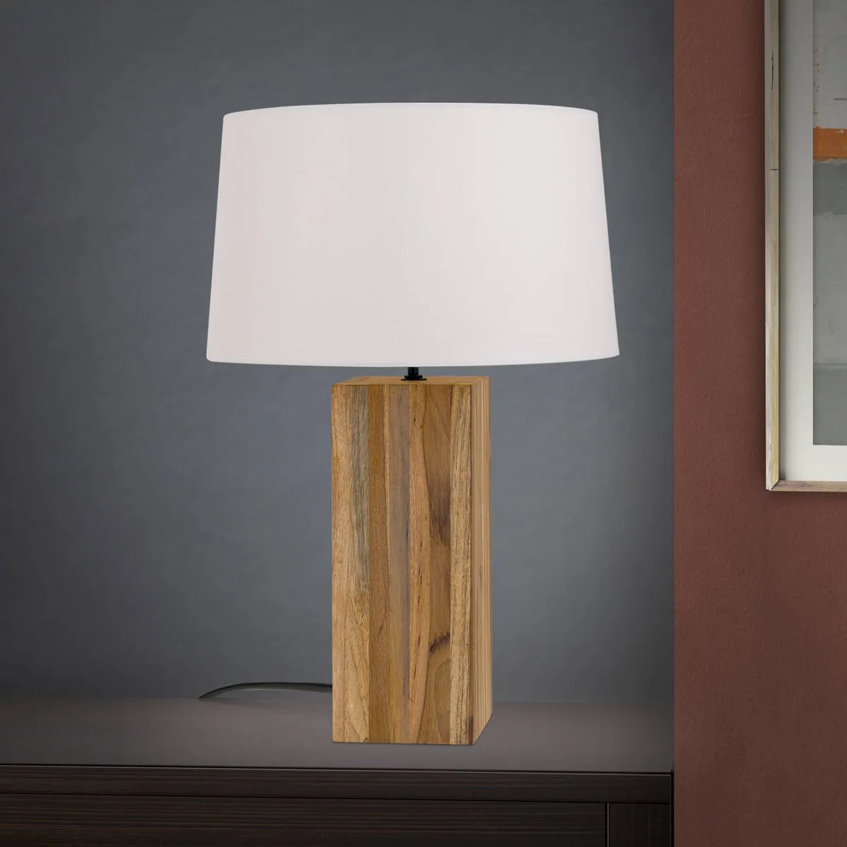 Tafellamp Dallas met kubusvormige houten voet de Orion en Licht hout, Crème – photo produit