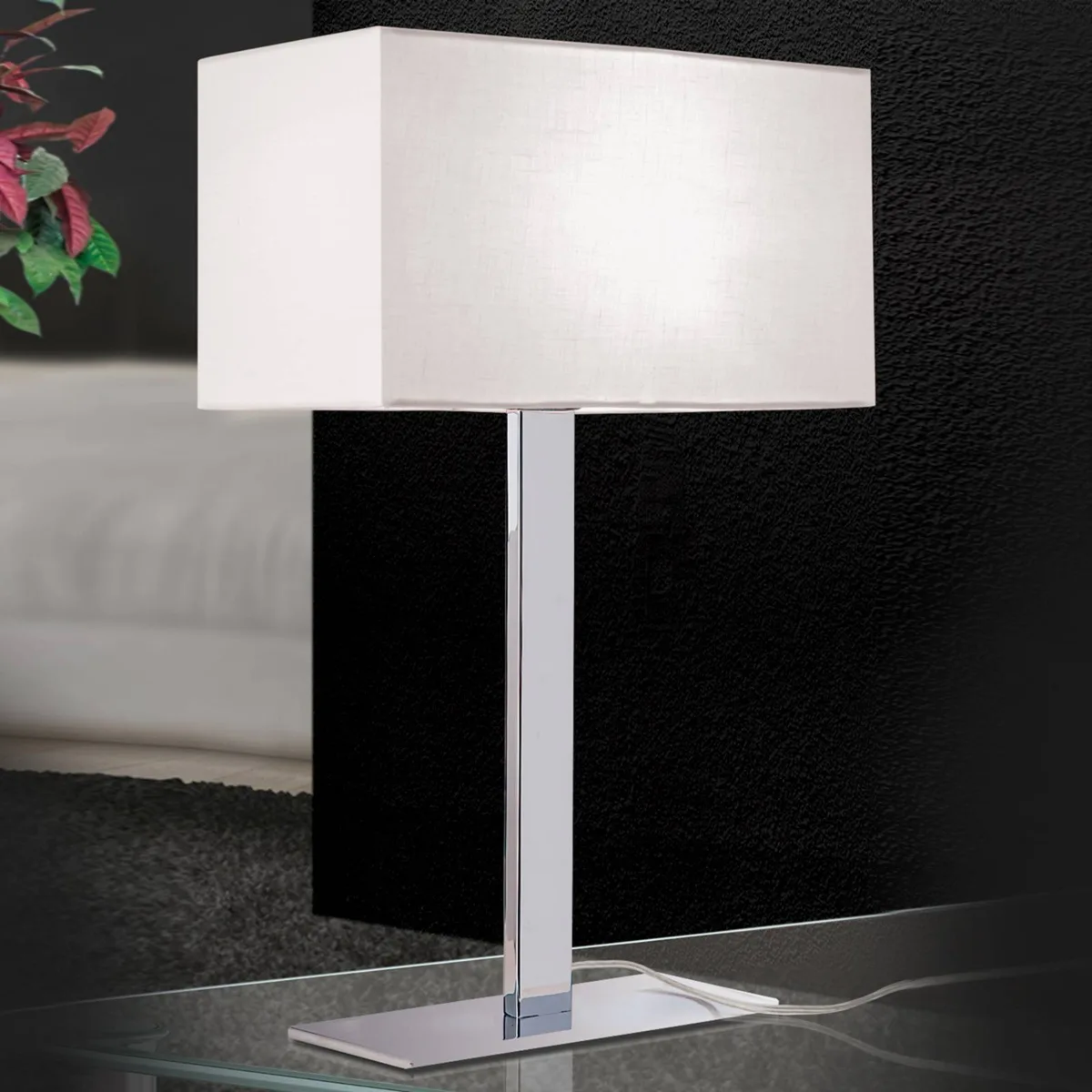 Tafellamp Grigor met wit linnen kap de Orion en Chrome, Blanc – photo produit