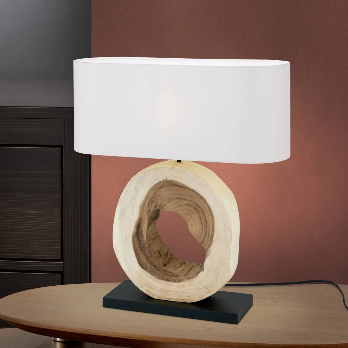 Tafellamp Nathan met decoratieve houten voet de Orion en Licht hout, Blanc, Noir – photo produit