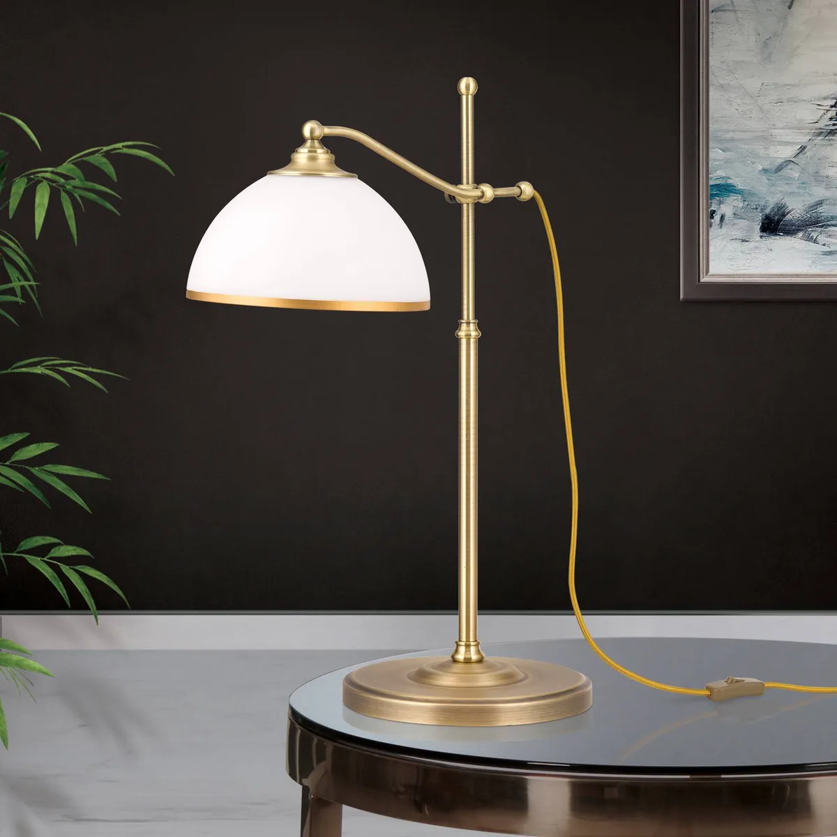 Tafellamp Old Lamp met in hoogte verstelbaar frame de Orion en Oudmessing, Opaal mat, Mat goud – photo produit