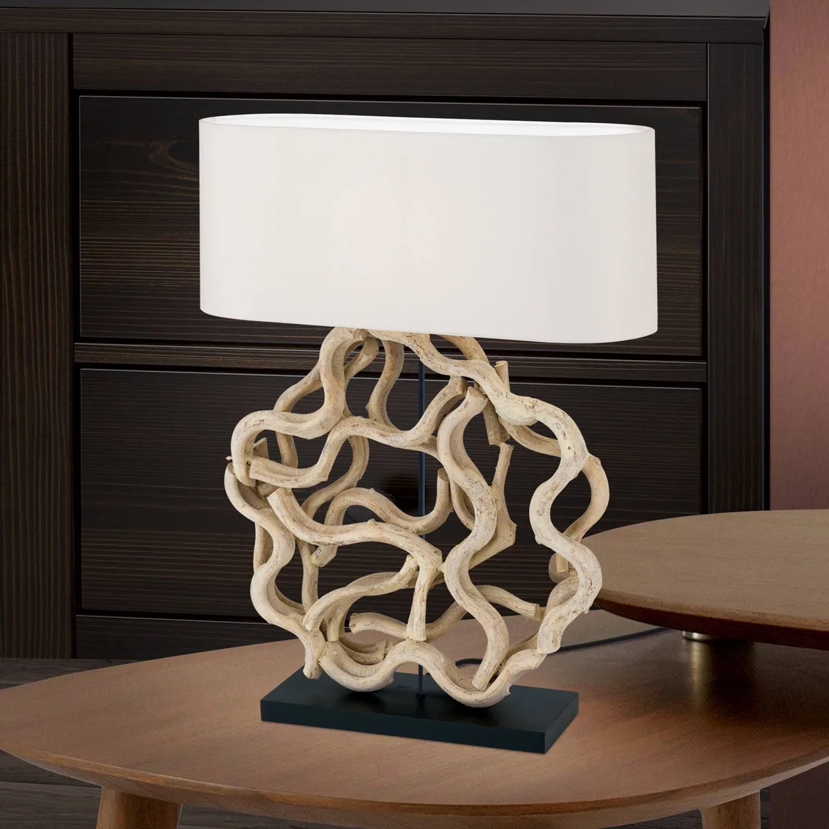 Tafellamp Peggy met decoratieve houten voet de Orion en Licht hout, Blanc, Noir – photo produit