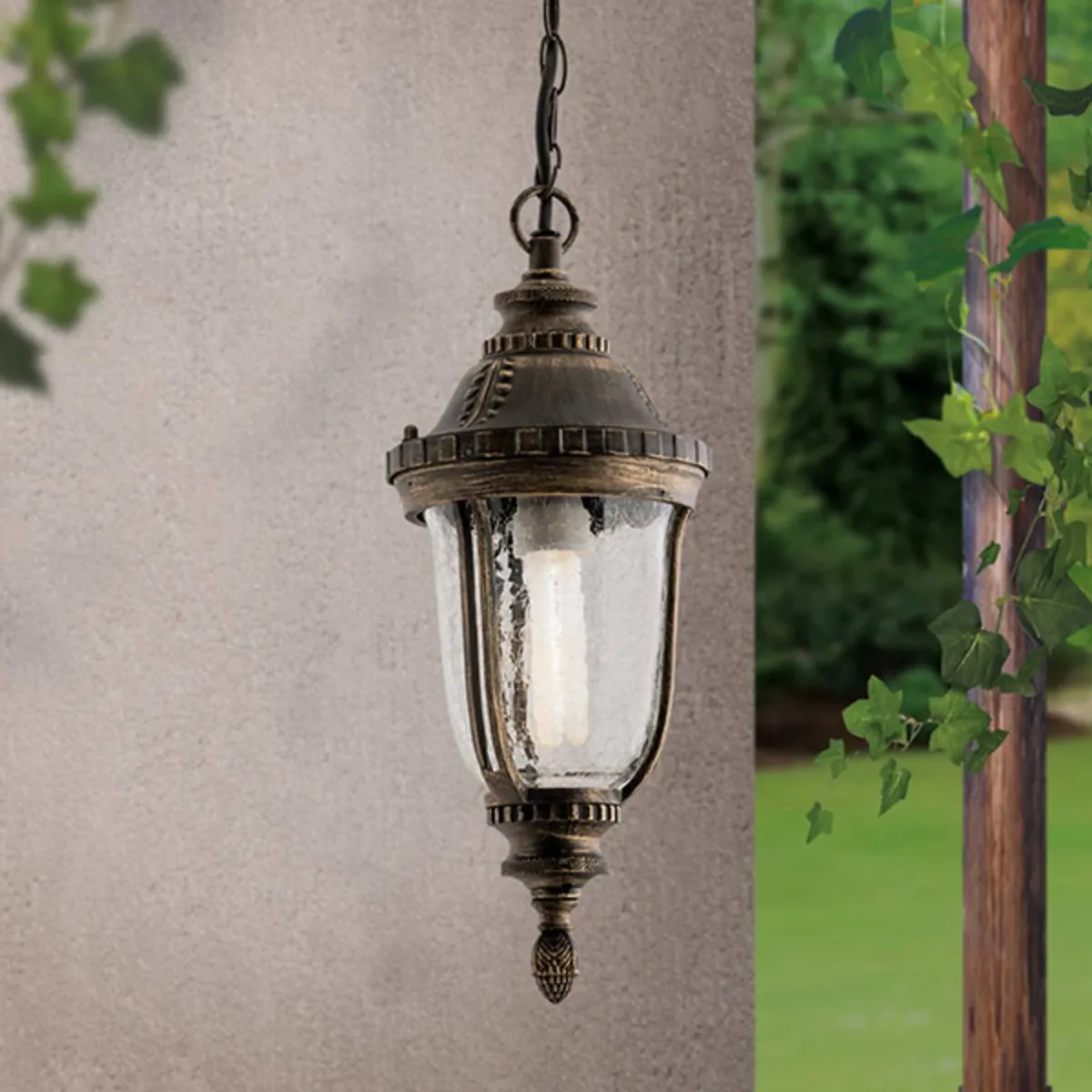 Traditionele pendellamp PAULA met structuurglas van Orion in Gepatineerd bruin, Transparant – productfoto