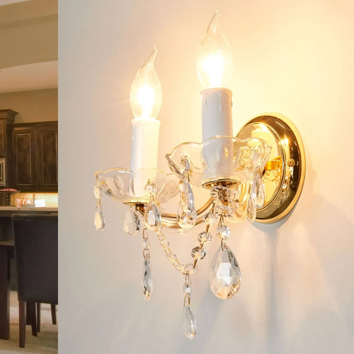 Wandlamp Marie Claire, kristalglas, 2-lamps fra Orion i Messing, Helder – produktbillede