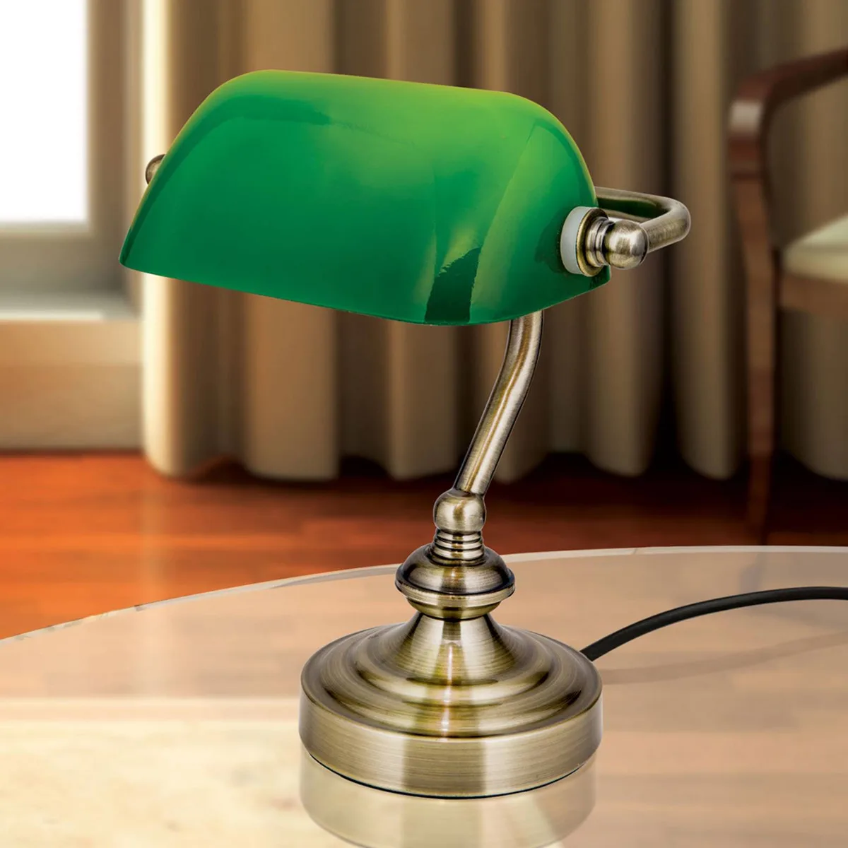 Zora - bankier tafellamp met groene glazen kap de Orion en Antiek messing, Vert – photo produit