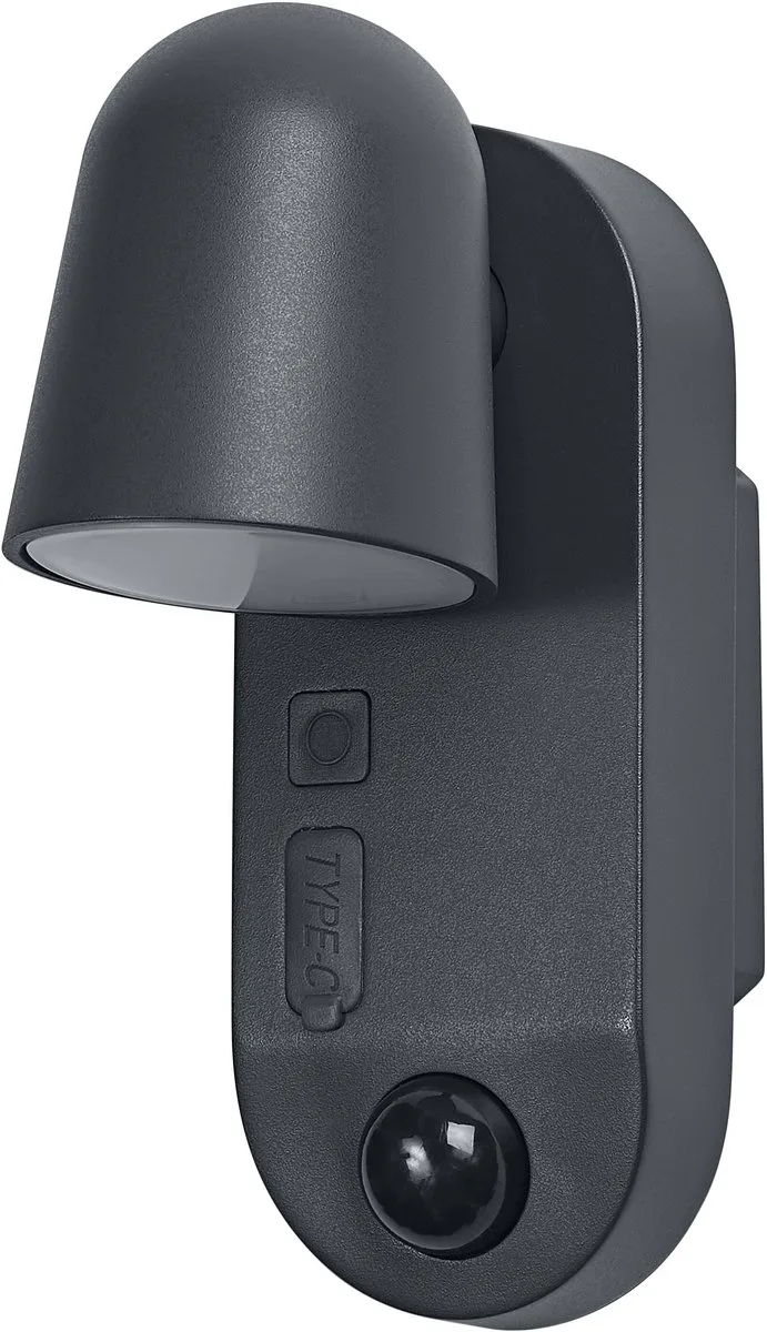 buitenwandlamp, oplaadbare batterij met USB-C, IP54, 3 W, 155 lm, 3000 K, 100° stralingshoek, PIR-bewegingssensor, daglichtsensor, levensduur 50.000 uur från Osram i Mörkgrå – produktbild