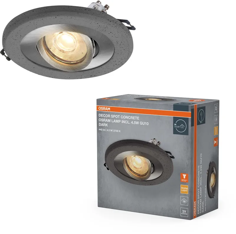 Concrete LED Spot GU10 Dark 4.5W Satijnnikkel, Betonlook, Aluminium, Unieke Materiaalcombinatie, Set van 3 de Osram en Satijn nikkel – photo produit