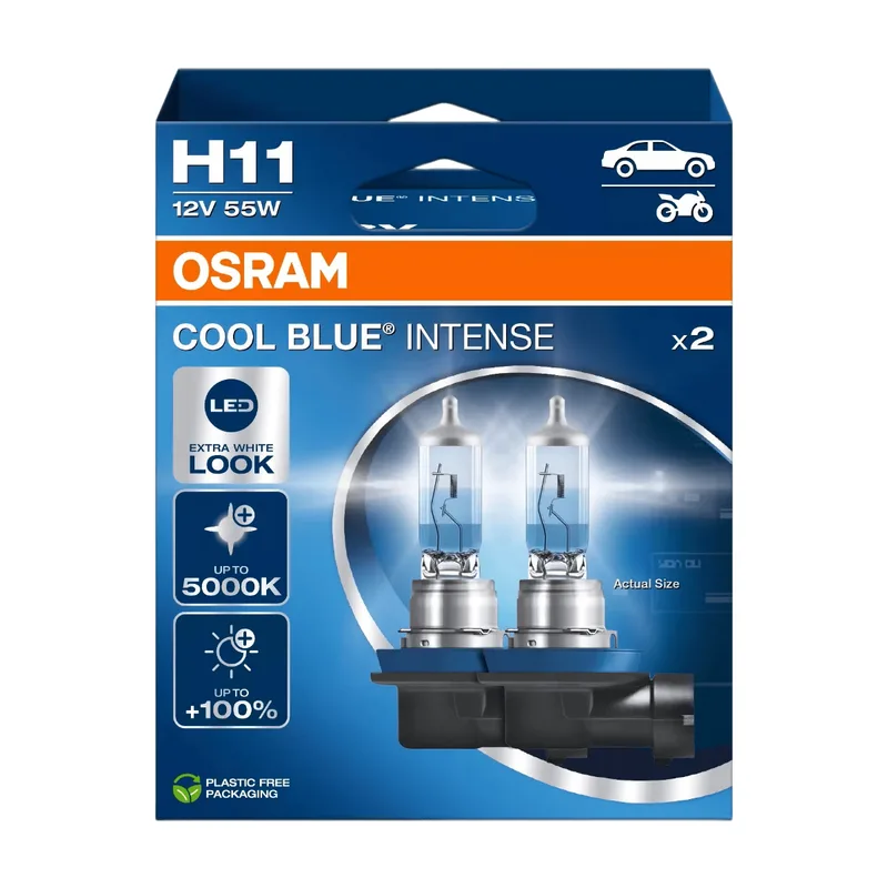 COOL BLUE® INTENSE H11, +100 % de luminosité en plus, jusqu'à 5 000 K, ampoule de phare halogène, 2 ampoules de Osram – photo produit