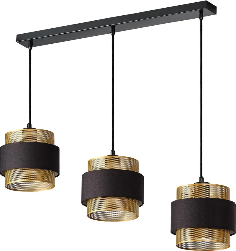 DECOR Hornet LINEAR 3xE27 Hanglamp Zwart Goud, Hanglamp, Metaal, Textiel voor warme sfeer de Osram en Noir, Or – photo produit
