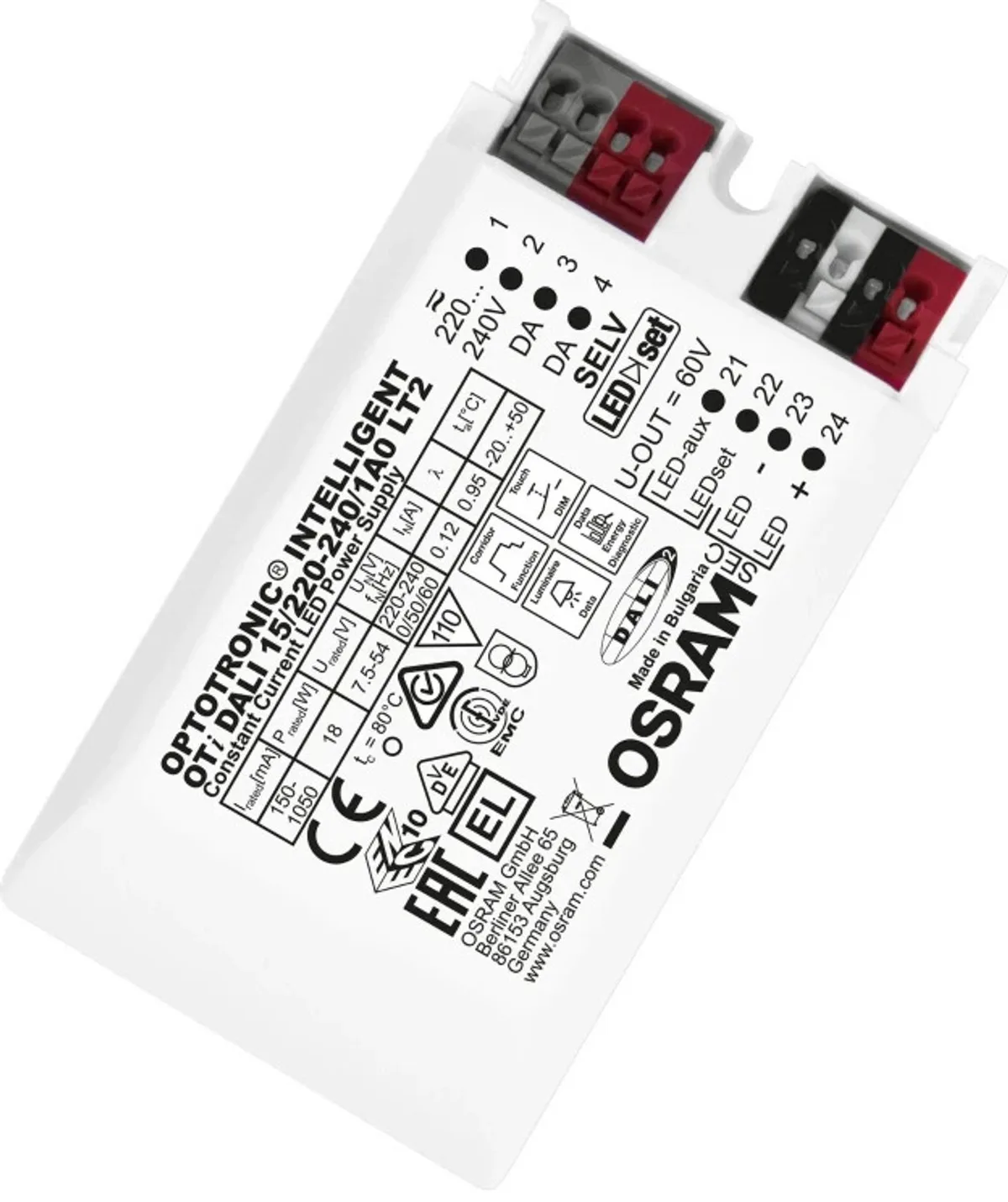 Doos 20x Osram LED Driver | OPTOTRONIC® Intelligent – DALI LT2 15/220…240/1A0 LT27.5V/54V | DALI Dimbaar IP20 fra Osram – produktbillede