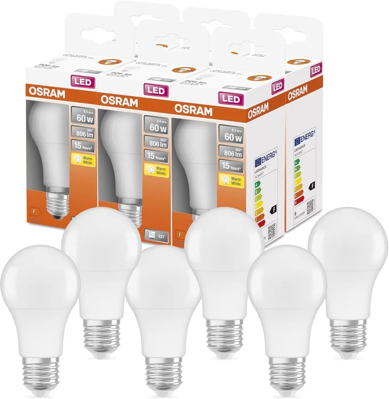 Doos 6x Osram E27 LED Lamp | 8W 2700K 220V/240V 827 806Lm | 180° von Osram – Produktfoto