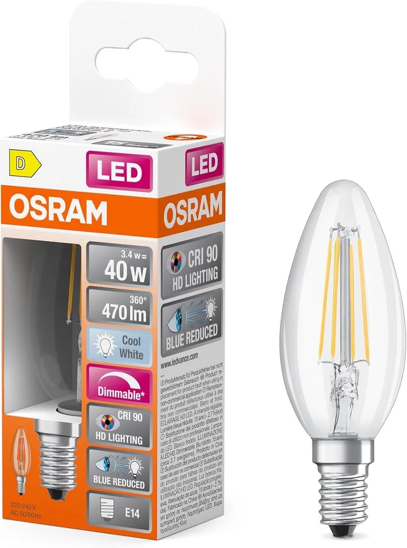 E14 LED Kaarslamp | 3.4W 4000K 220V/240V 940 470Lm | 300° Ø35mm Dimbaar de Osram – photo produit