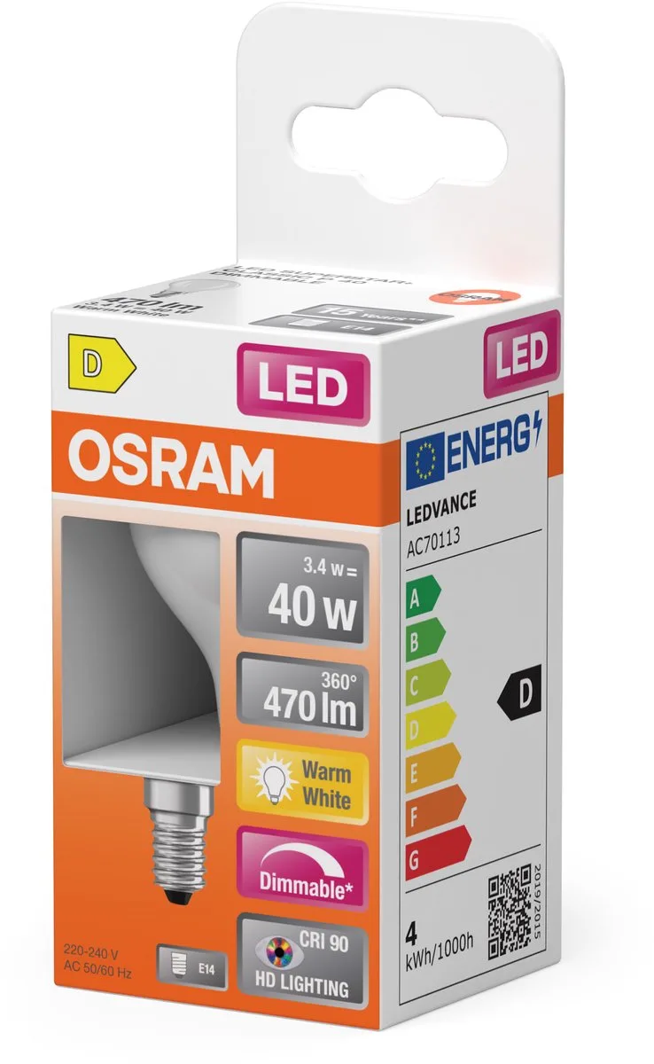 E14 LED Lamp | 3.4W 2700K 220V/240V 927 470Lm | 300° Dimbaar från Osram – produktbild