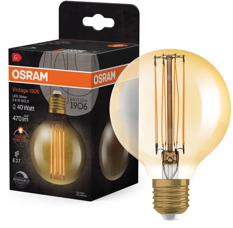 E27 LED Globelamp | 5.8W Goud 2200K 220V/240V 822 470Lm | 320° Ø80mm Dimbaar von Osram – Produktfoto