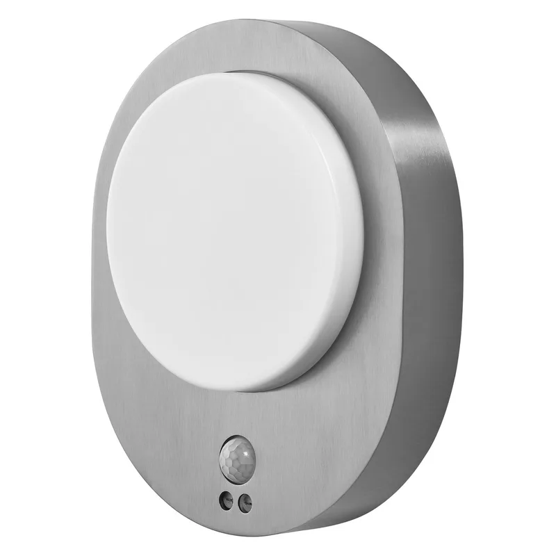 ENDURA STYLE DISC buitenwandlamp met sensor, ronde LED-wandlamp van roestvrij met bewegingssensor, warm wit, 3000K, IP44, 8W von Osram in Staal – Produktfoto
