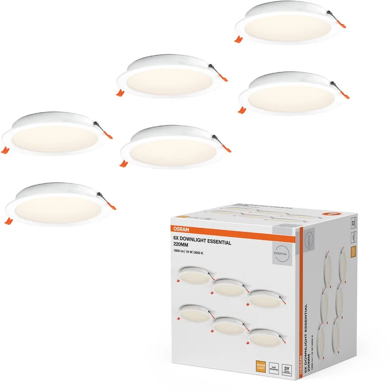 Essential LED inbouwspot 220mm 18W wit, downlight warm wit 3000K, plafondspot inbouw PP behuizing IP20 de Osram en Blanc – photo produit