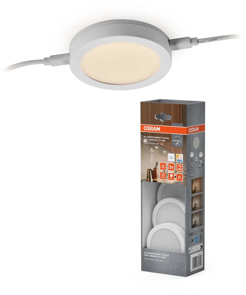 Flexus Spot Onderkastverlichting 9. 8W, 580lm, CCT 2700-5000K, dimbaar, ABS, Sensor, rond 75mm von Osram in Weiß – Produktfoto