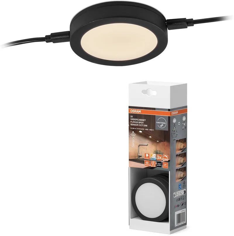 Flexus Spot Onderkastverlichting 9. 8W, 580lm, CCT 2700-5000K, dimbaar, ABS, Sensor, rond 75mm von Osram in Schwarz – Produktfoto