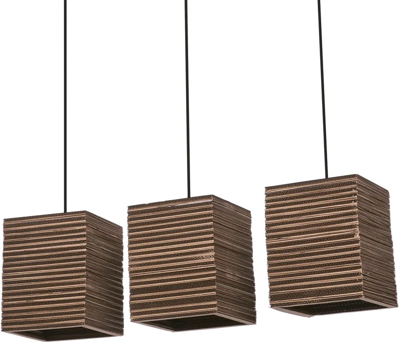 hanglamp 3-lamps Decor Cardboard Vierkant van golfkarton, E27, 830 mm lengte, lampenkap van gerecycled materiaal, duurzaam dankzij vervangbare lichtbron, eenvoudig te installeren von Osram in Braun – Produktfoto
