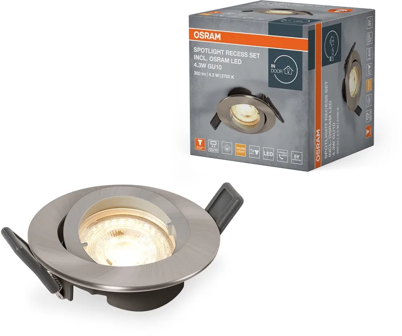 inbouw plafondlamp set inclusief GU10 LED 4.3W en twistlock systeem, IP20 bescherming voor gebruik binnenshuis, complete montage- en aansluitaccessoires inbegrepen de Osram – photo produit