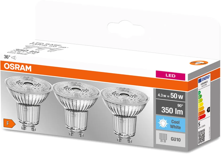 LED BASE PAR16 50 36° 4.3 W/4000K GU10 3er Pack by Osram – product photo