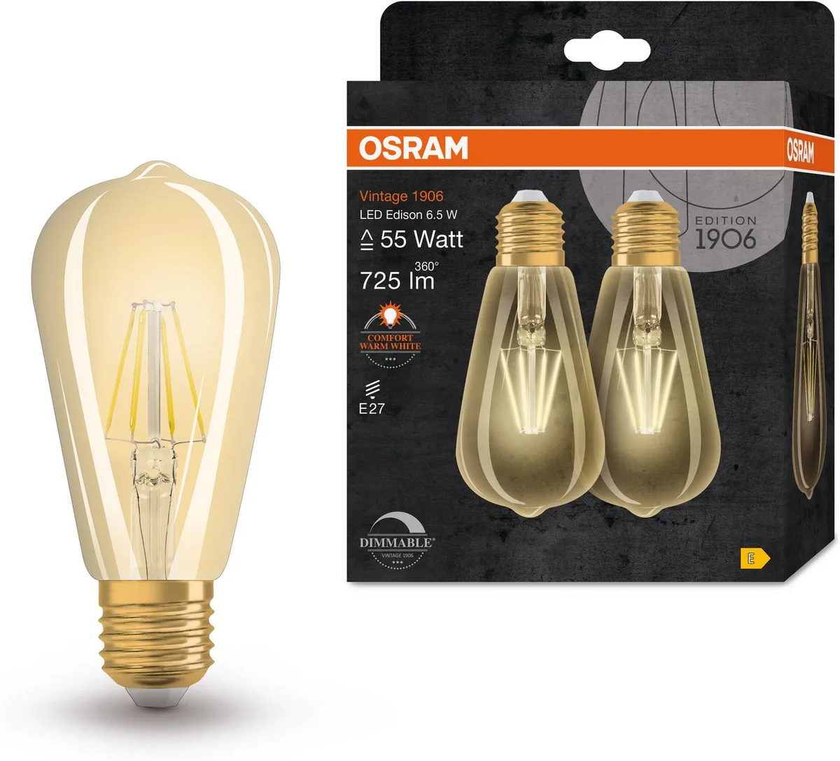 LED-Filament 1906Vintage Edition goldenes Glas, E27, 2 St., Warmweiß van Osram in Wit – productfoto