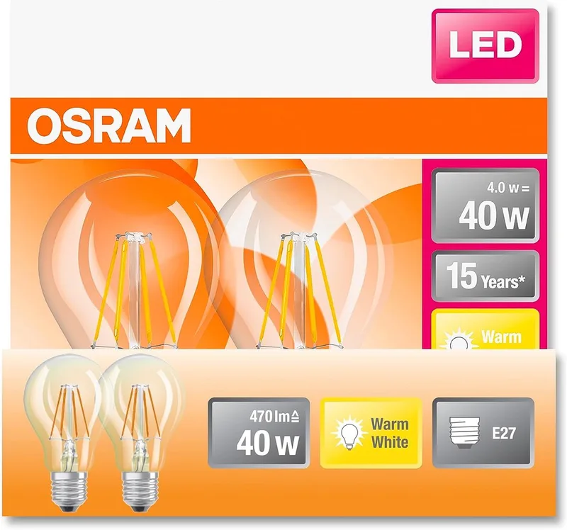 LED lamp - Classic A 40 - E27 - filament - helder - 4W - 470 Lumen - warm wit - niet dimbaar - 2 stuks de Osram – photo produit