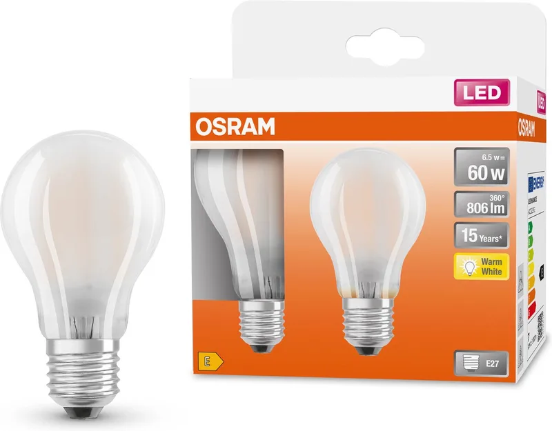 LED lamp - Classic A 60 - E27 - filament - mat - 6,5W - 806 lumen - warm wit - 2 stuks de Osram – photo produit