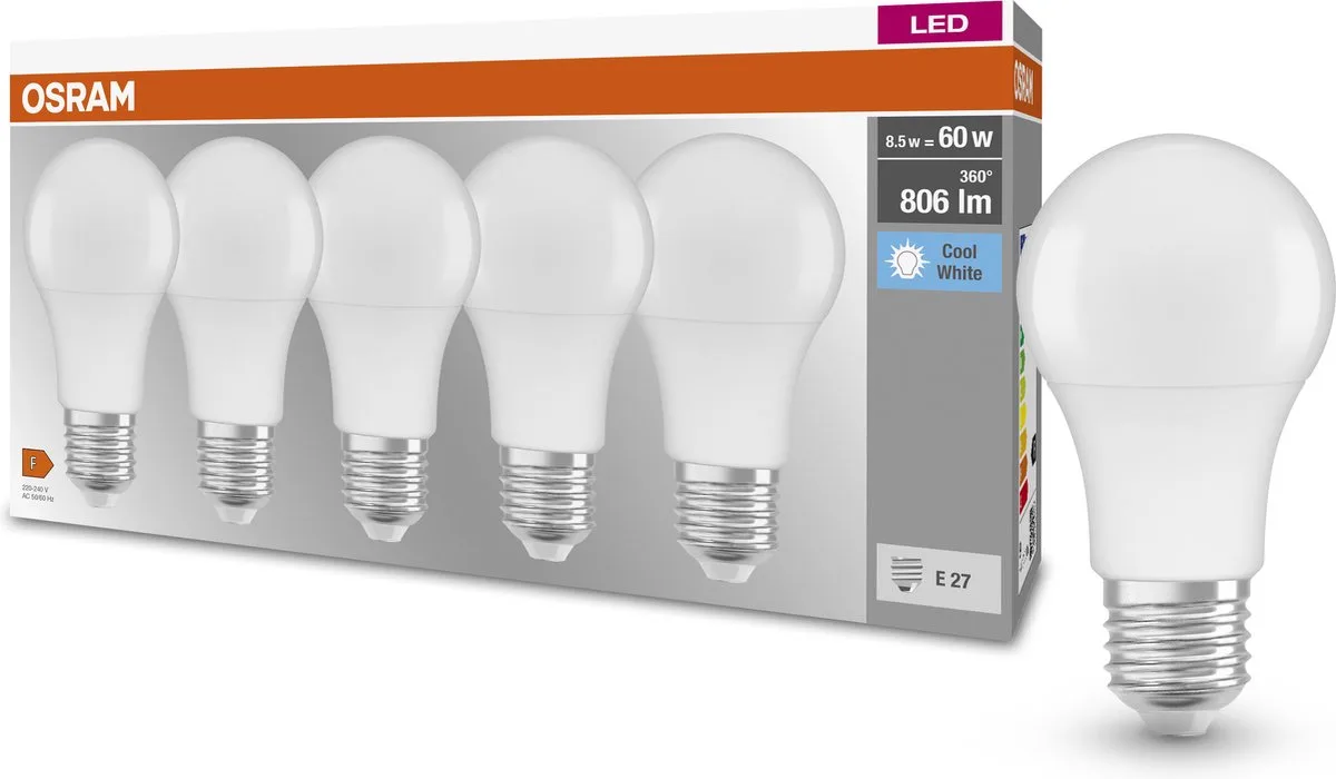 LED lamp - Classic A 60 - E27 - mat - 8,5W - 806 lumen - koel wit - 5 stuks de Osram – photo produit