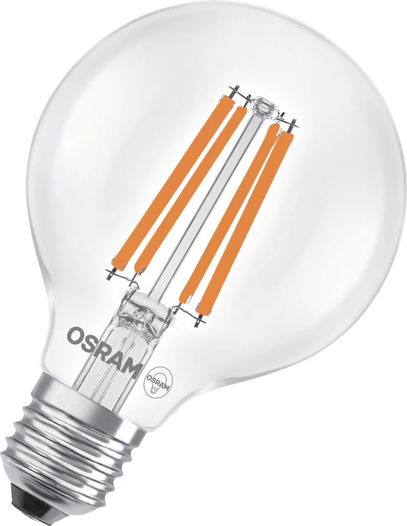 LED lamp in classic globe shape, with decorative LED filament, energy efficiency class A, E27, 5 W, 1055 lm, 4000 K, cool white. 100% light straight away, with no warming up. Low flickering by Osram – product photo