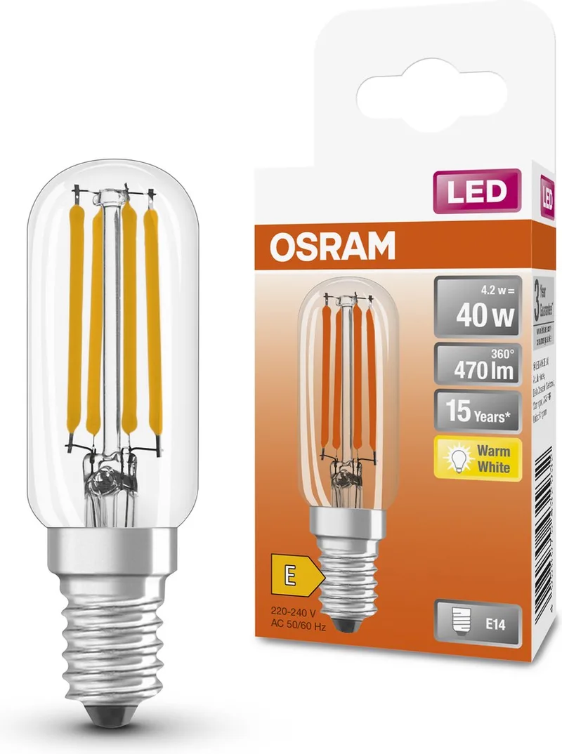 Ampoule LED pour réfrigérateur, E14, 4,2W, 470 lumens, blanc chaud, filament clair de Osram – photo produit