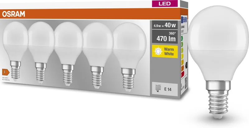 LED lamp - Peertje - E14 - mat - 4,9W - 470 lumen - warm wit - niet dimbaar - 5 stuks fra Osram – produktbillede