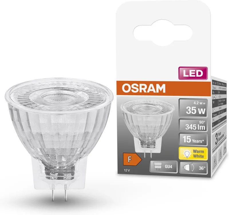Ampoule LED, spot GU4, 12V, 4,2W, 345 lumens, blanc chaud, non dimmable de Osram – photo produit