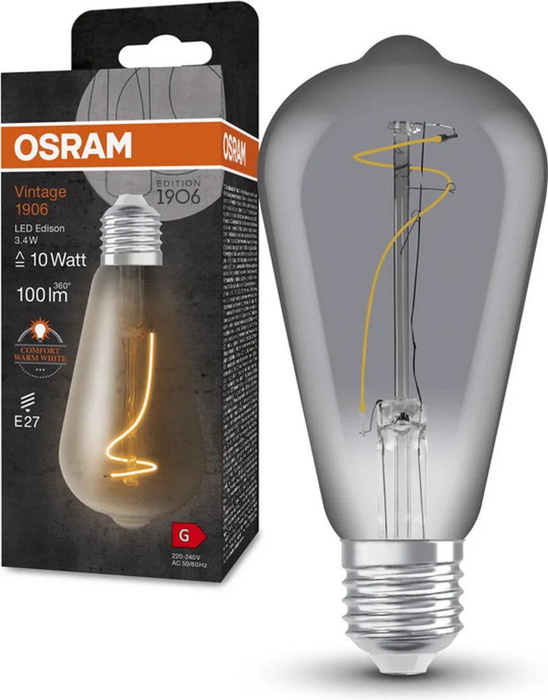 LED lampen, Vintage Edition, 10W vervanging, E27, ST64-vorm, 1800 Kelvin, warm comfortlicht, helder glas, enkelpak van Osram – productfoto