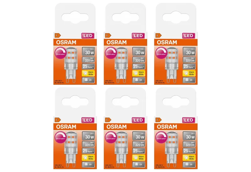 LED-Leuchtmittel Osram LEDPIN30D CL 3W/827 G9 – Dimmbar, Warmweiß (6er-Pack), 6 St. von Osram – Produktfoto