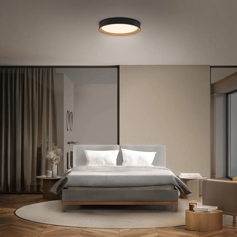 LED plafondlamp ORBIS LARIOS, zwart/hout Ø 49 cm, dimbaar de Osram en Noir, Hout – photo produit