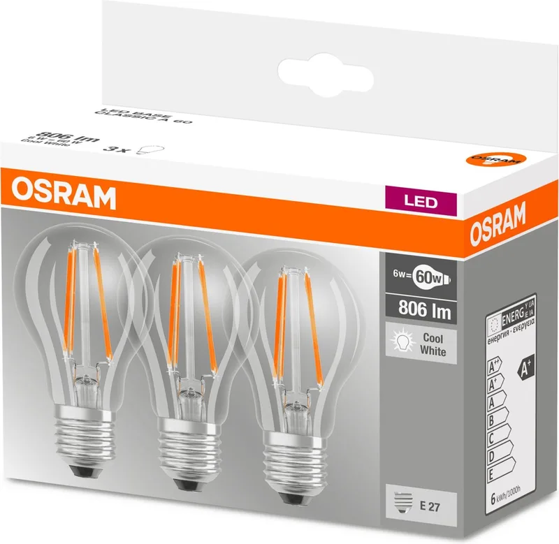 LED-lampa E27 Classic 840 6,5 W klar 3-pack från Osram – produktbild