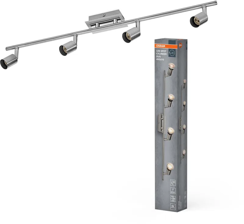 LED Spot Cylinder DUO plafondspot 4x GU10, Geborsteld Nikkel/Chroom, Staal, draaibaar, IP20, Binnenruimte de Osram en Geborsteld nikkel, Chrome – photo produit